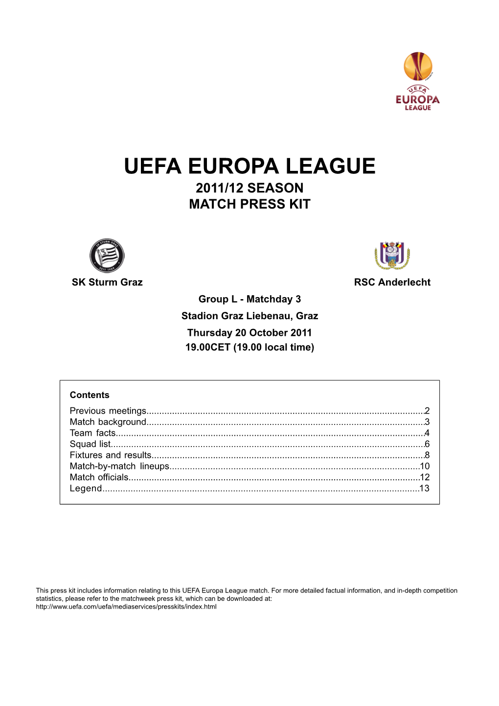 Uefa Europa League 2011/12 Season Match Press Kit