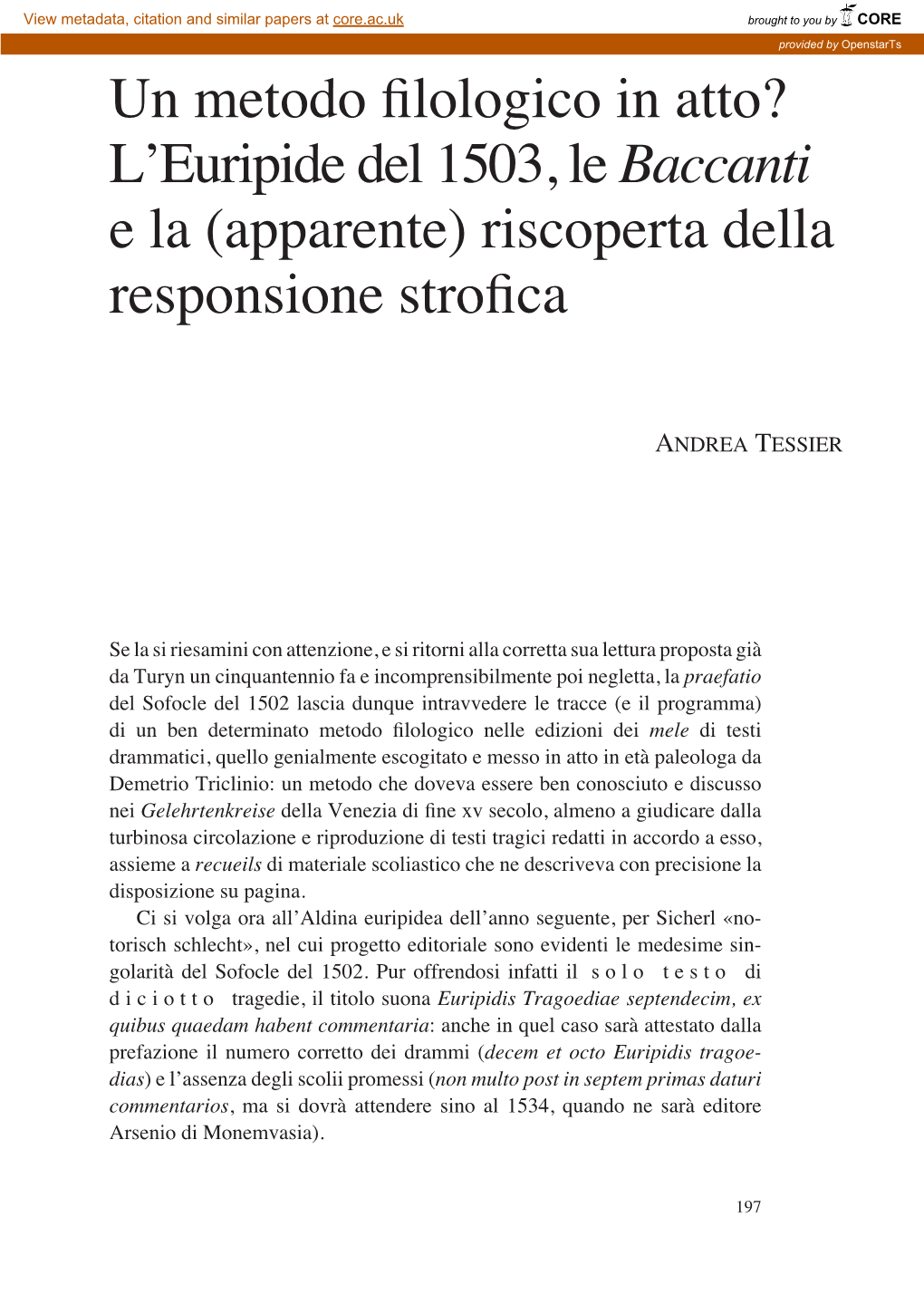 Un Metodo Filologico in Atto? L'euripide Del 1503, Le Baccanti E La