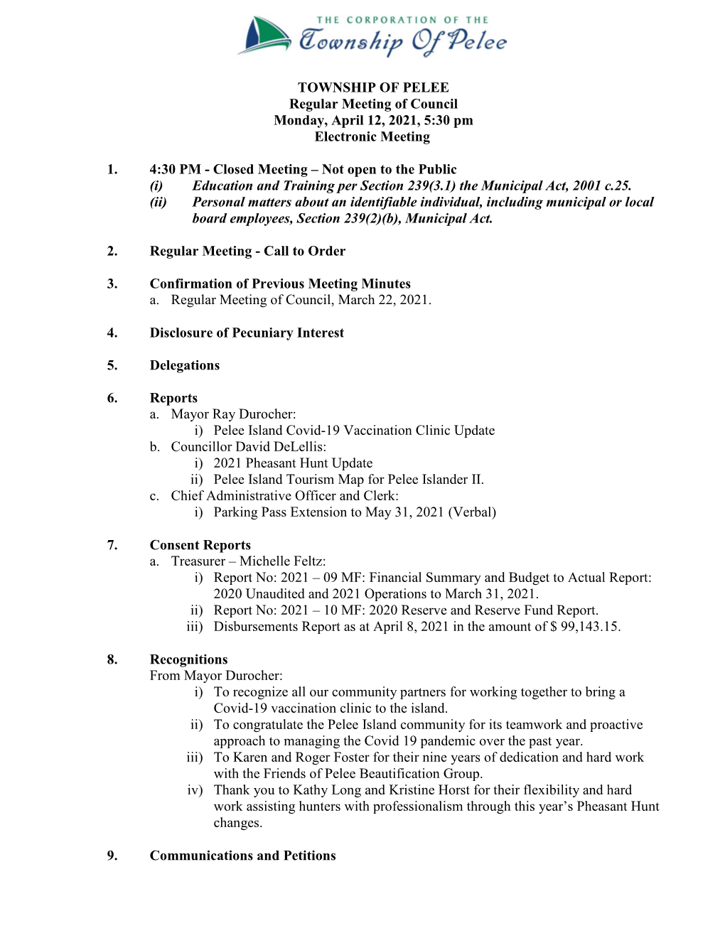 Regular Meeting of Council Agenda April 12, 2021 Item No