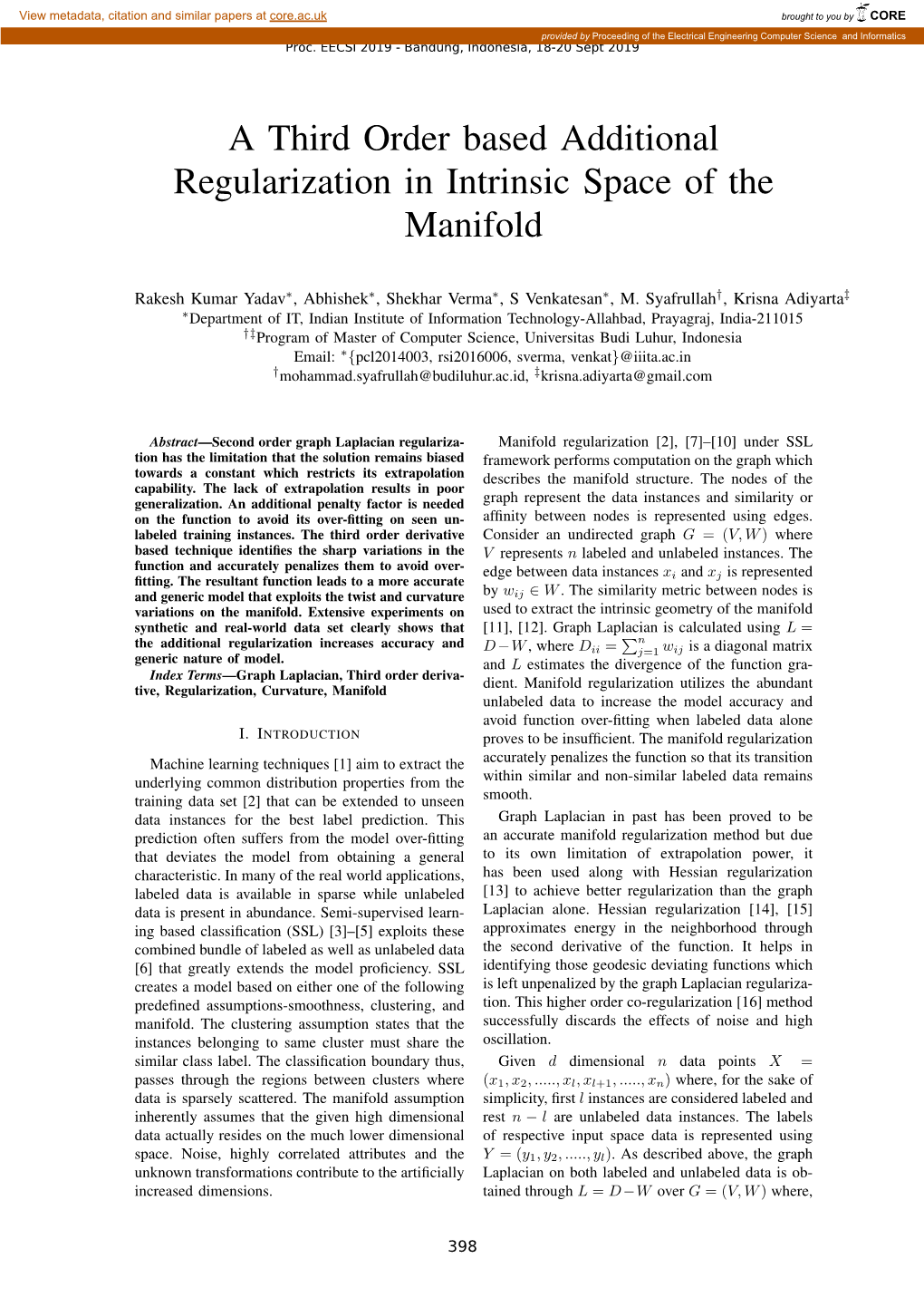 A Third Order Based Additional Regularization in Intrinsic Space of the Manifold