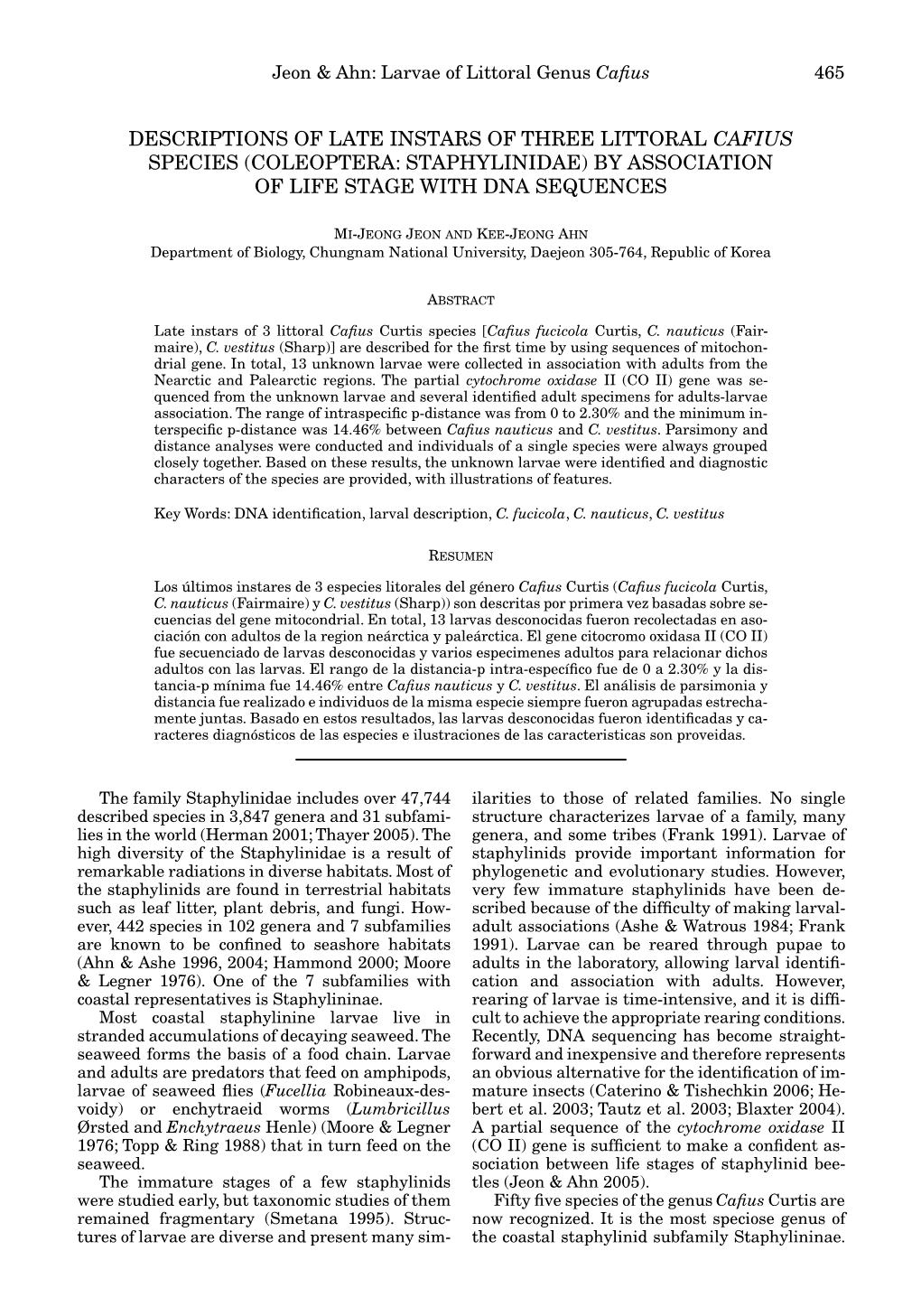 Descriptions of Late Instars of Three Littoral Cafius Species (Coleoptera: Staphylinidae) by Association of Life Stage with Dna Sequences