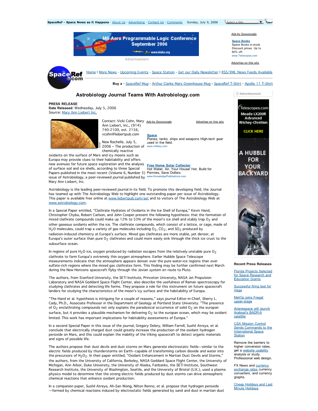 Astrobiology Journal Teams with Astrobiology.Com