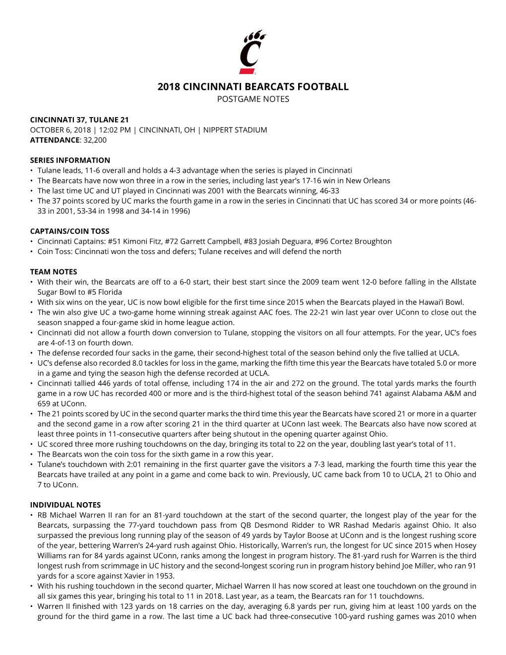 2018 Cincinnati Bearcats Football Postgame Notes