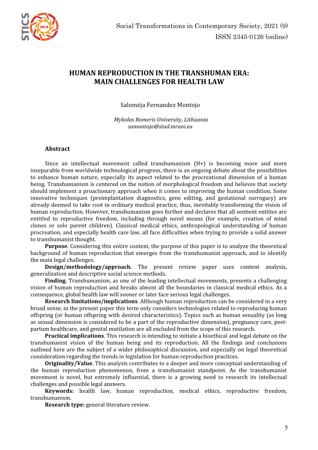 Human Reproduction in the Transhuman Era: Main Challenges for Health Law