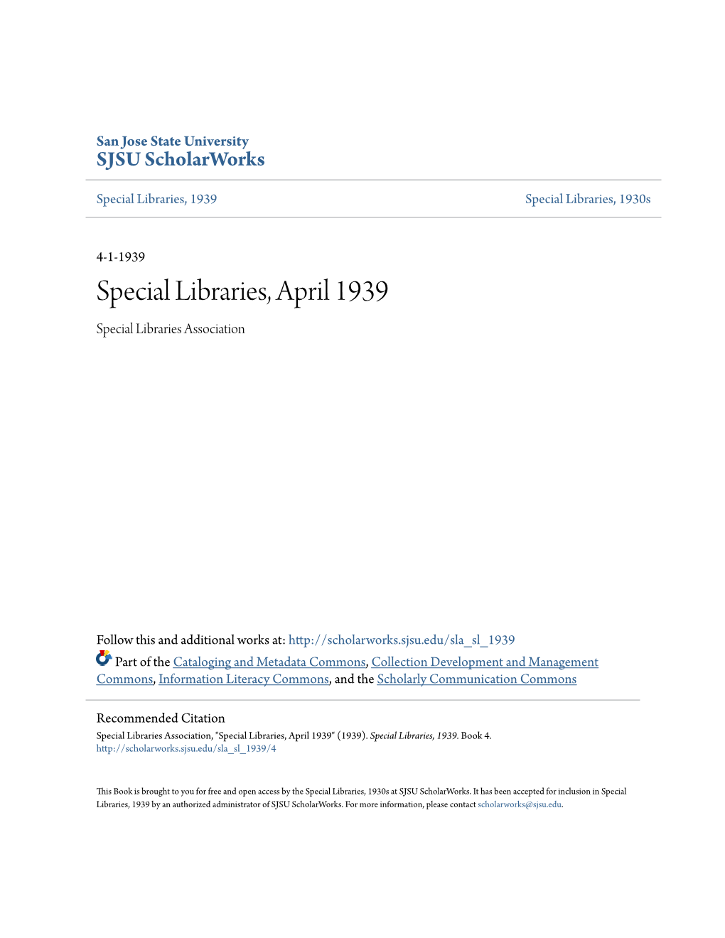 Special Libraries, April 1939 Special Libraries Association