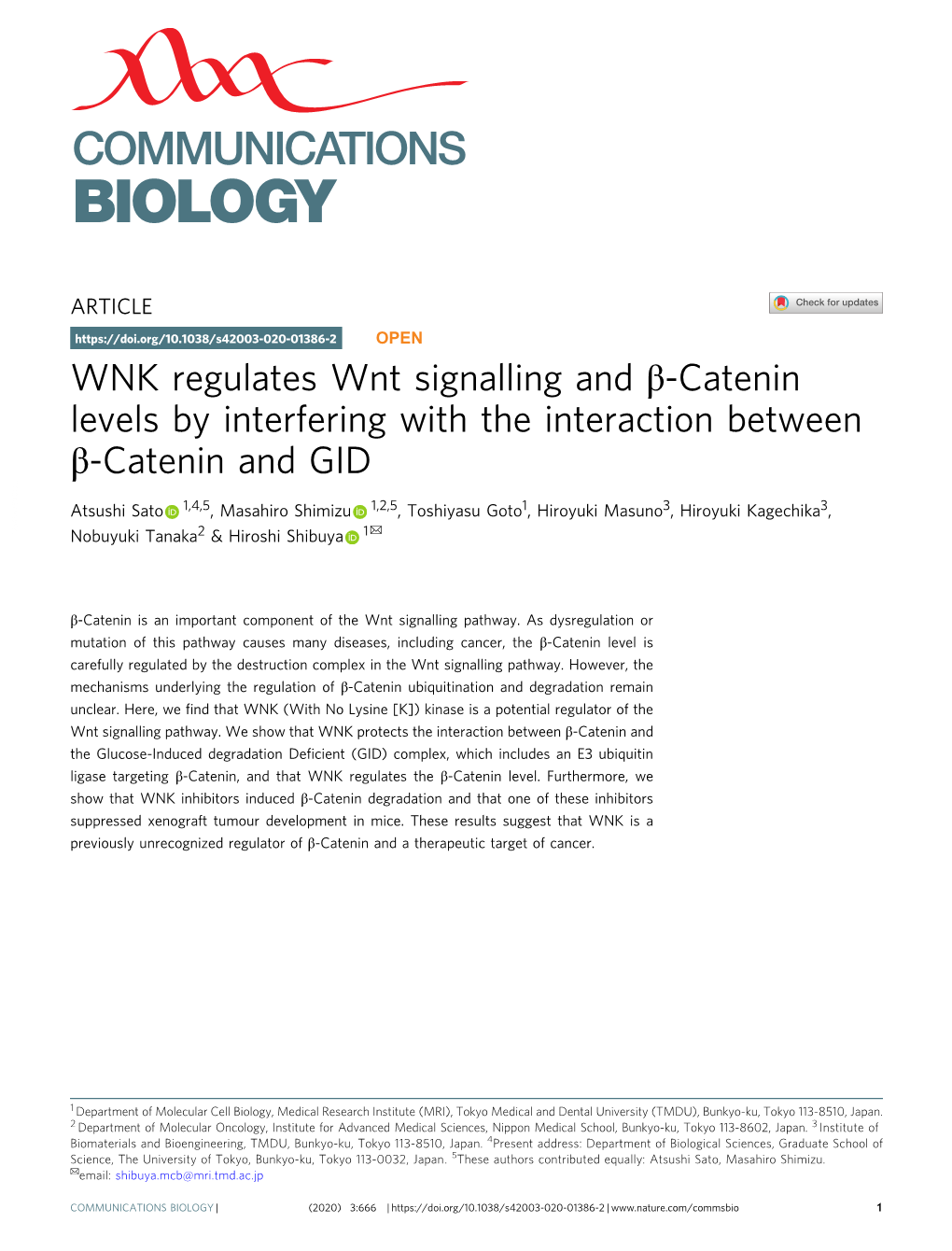 WNK Regulates Wnt Signalling and Î²-Catenin Levels By