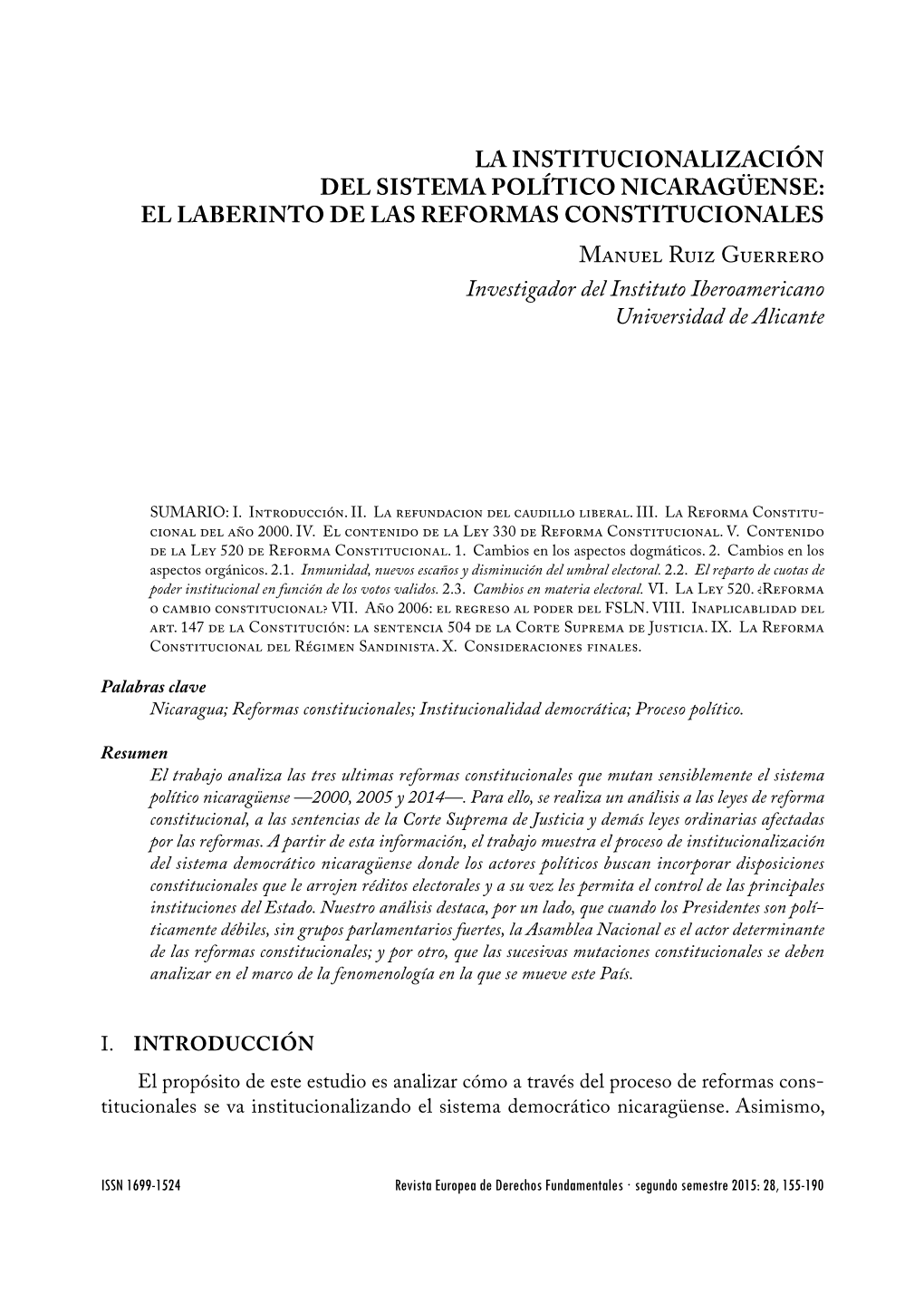 La Institucionalización Del Sistema Político Nicaragüense: El Laberinto De Las Reformas Constitucionales 155
