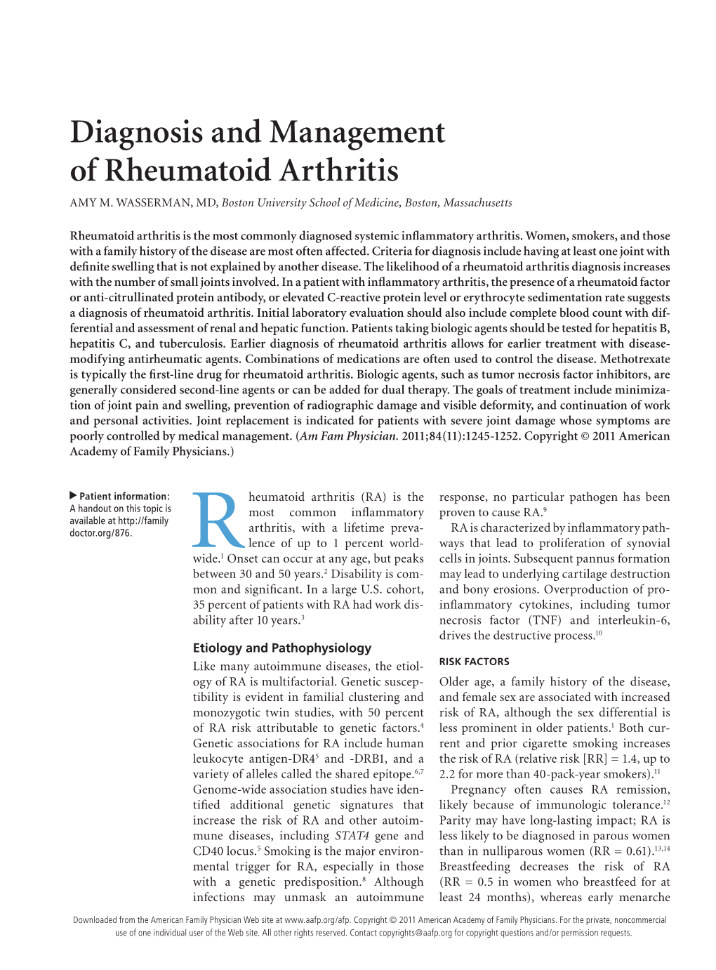 Diagnosis and Management of Rheumatoid Arthritis AMY M