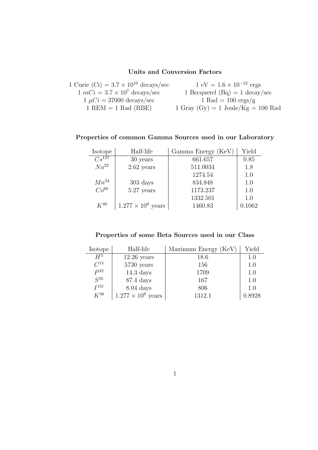 Units and Conversion Factors 1 Curie (Ci) = 3.7 × 10 10 Decays/Sec 1 Ev = 1.6 × 10 1 Mci = 3.7 × 10 7 Decays/Sec 1 Becquerel