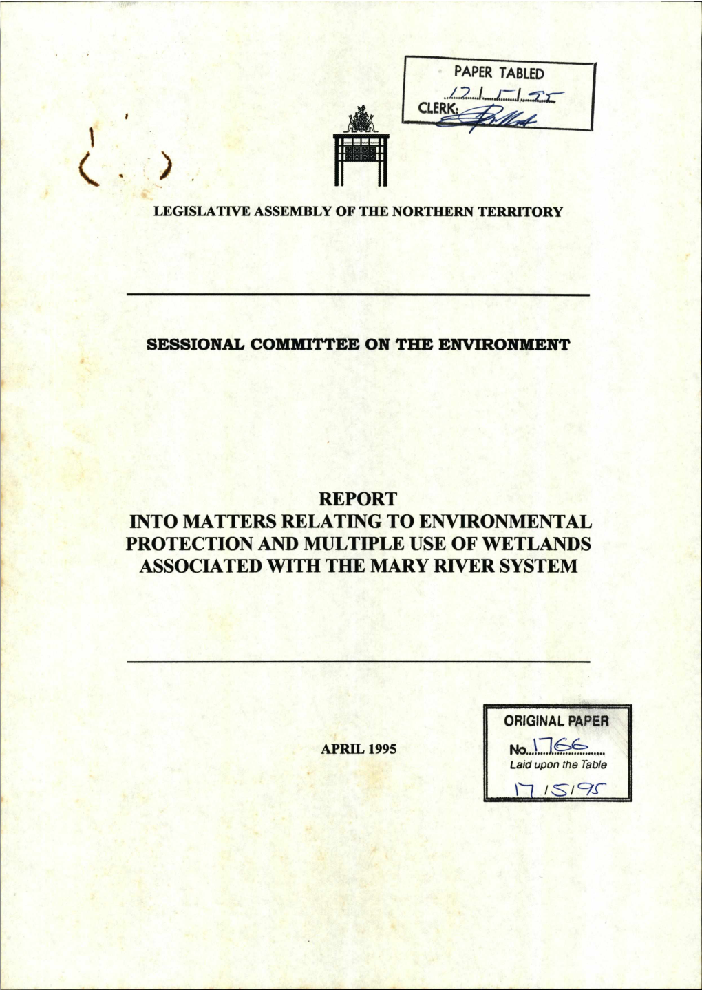 Report Into Matters Relating to Environmental Protection and Multiple Use of Wetlands Associated with the Mary River System