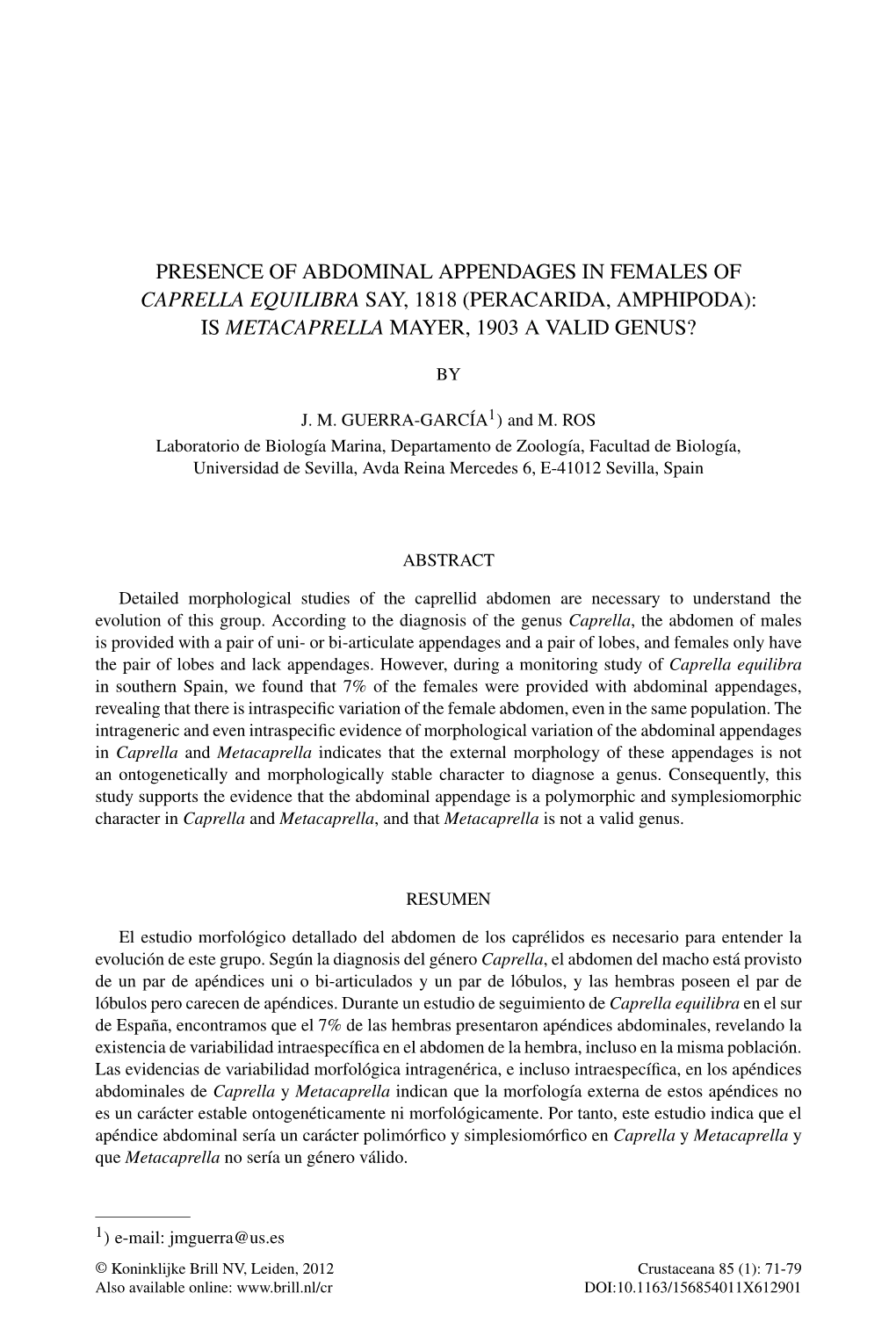 Presence of Abdominal Appendages in Females of Caprella Equilibra Say, 1818 (Peracarida, Amphipoda): Is Metacaprella Mayer, 1903 a Valid Genus?