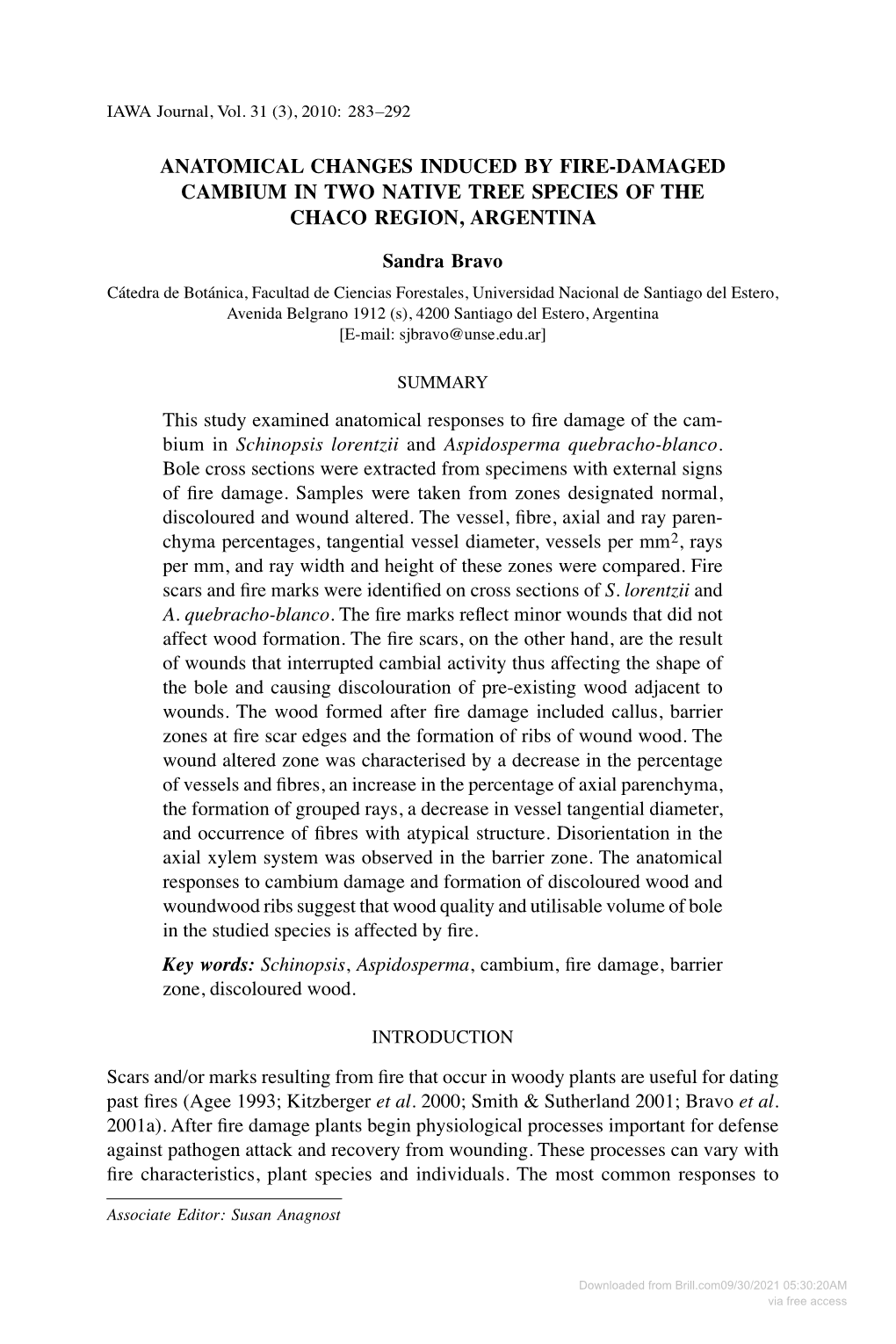 ANATOMICAL CHANGES INDUCED by FIRESDAMAGED CAMBIUM in TWO NATIVE TREE SPECIES of the CHACO REGION, ARGENTINA Sandra Bravo This