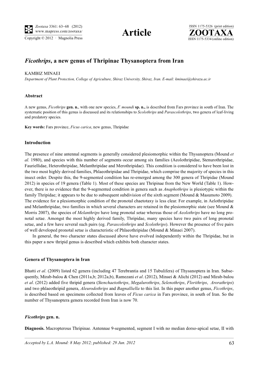 Ficothrips, a New Genus of Thripinae Thysanoptera from Iran