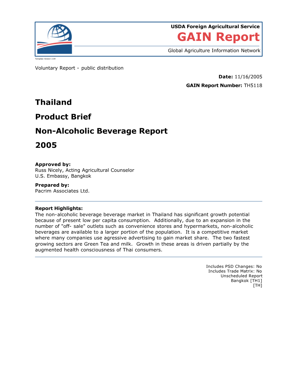 Thailand Product Brief Non-Alcoholic Beverage Report 2005