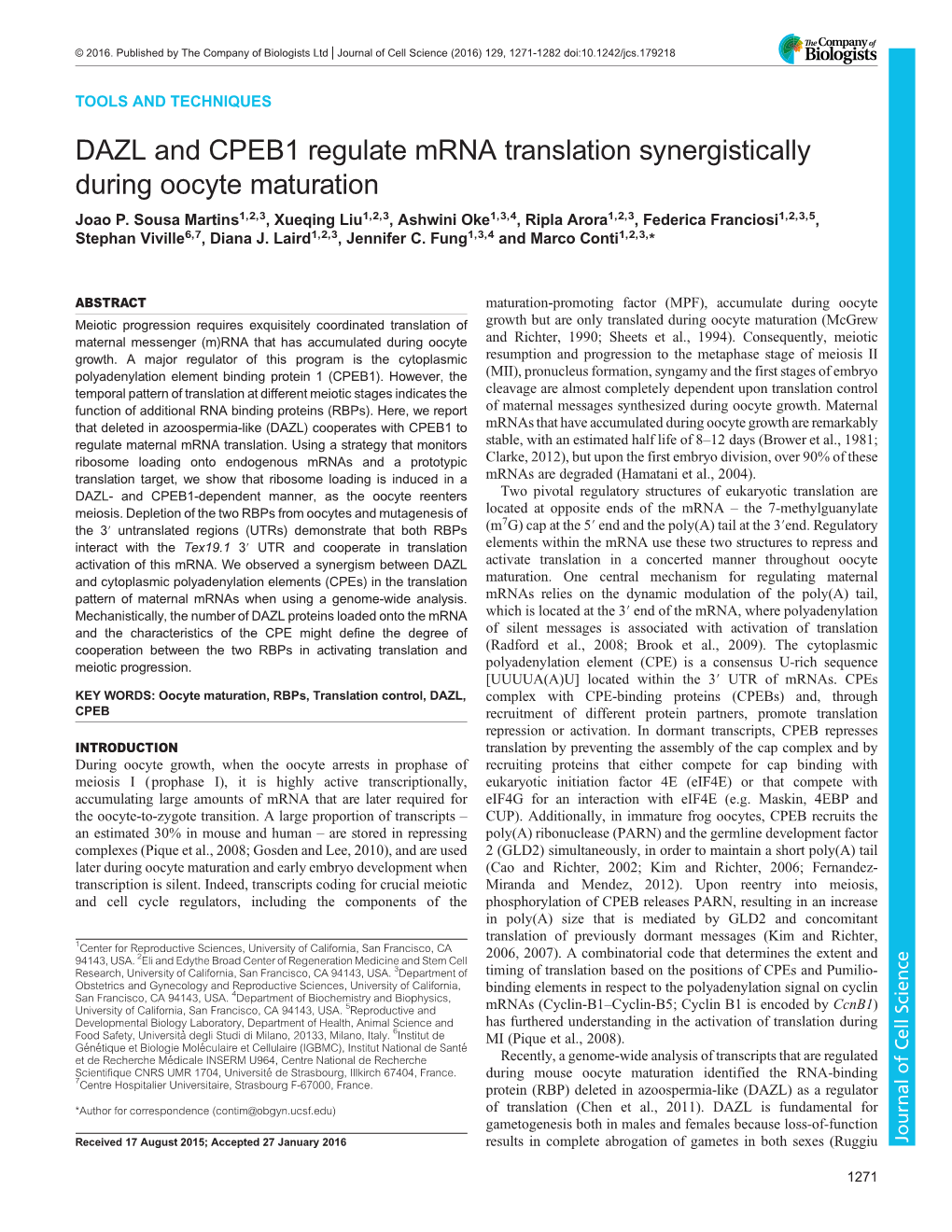 DAZL and CPEB1 Regulate Mrna Translation Synergistically During Oocyte Maturation Joao P