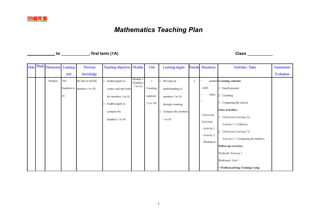 Mathematics Teaching Plan 1A & 1B