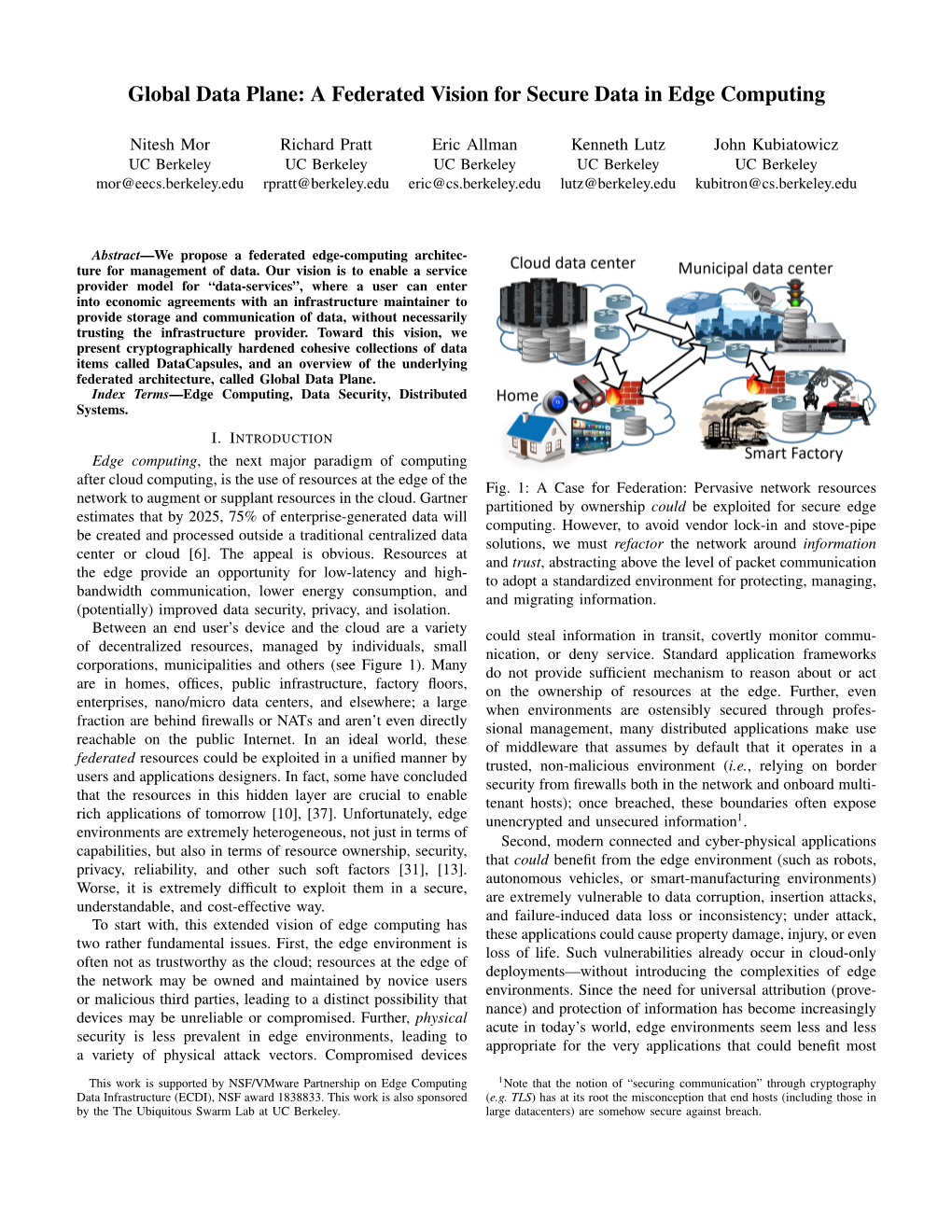 Global Data Plane: a Federated Vision for Secure Data in Edge Computing