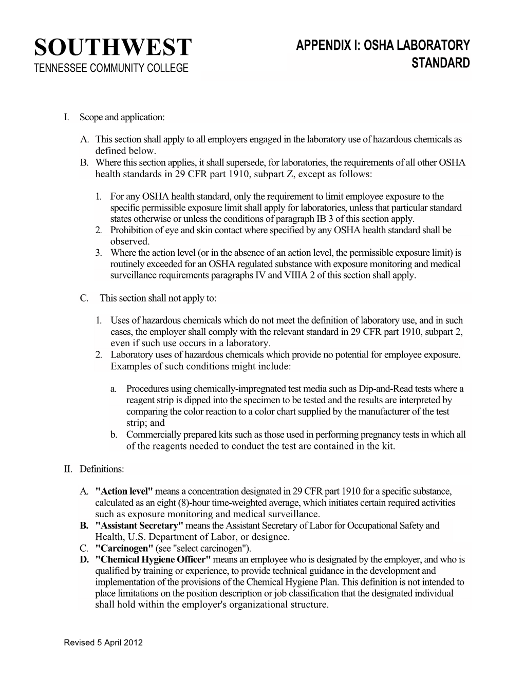 Appendix I: Osha Laboratory Standard