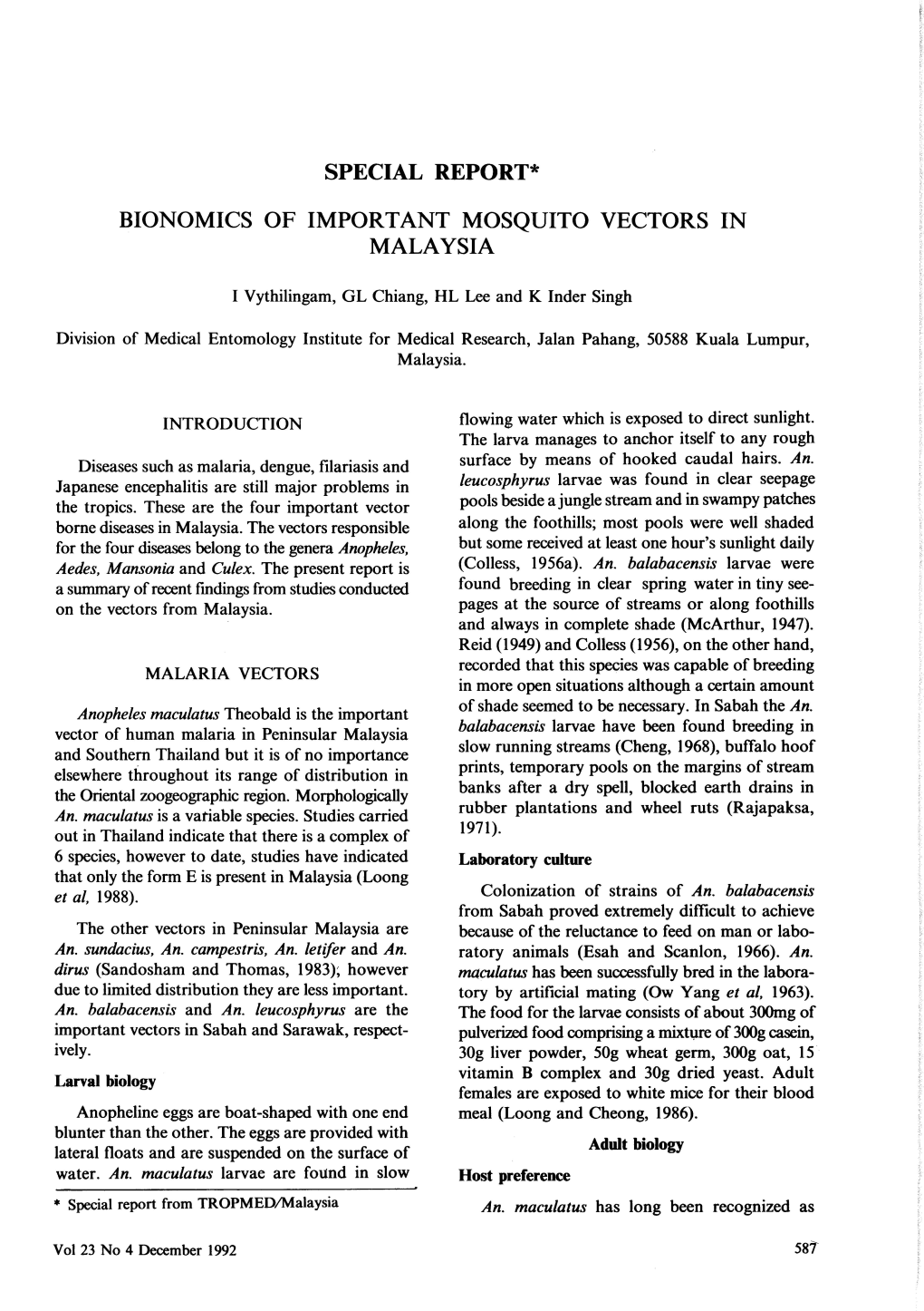 Bionomics of Important Mosquito Vectors in Malaysia