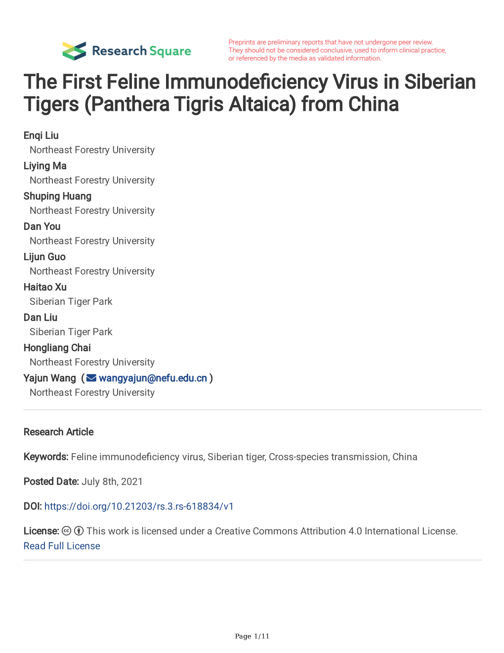 Panthera Tigris Altaica) from China