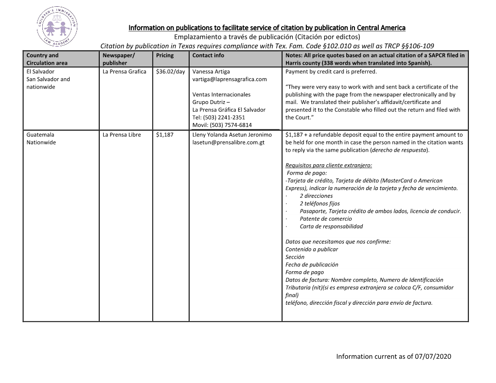 Information on Publications to Facilitate Service of Citation by Publication In