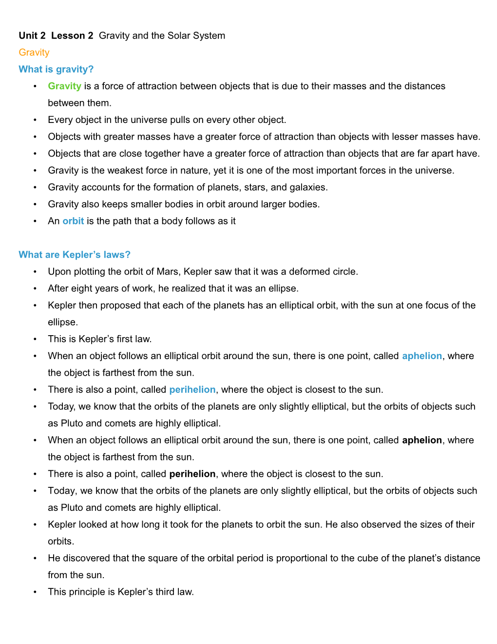 Unit 2 Lesson 2 Gravity and the Solar System