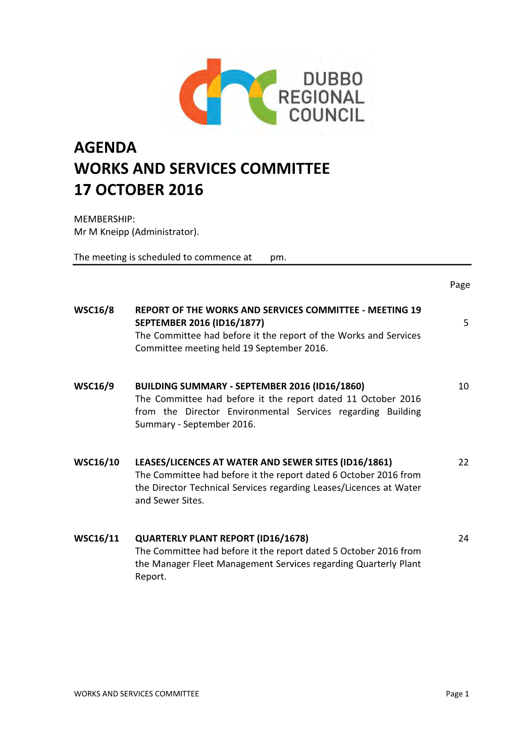 Agenda Works and Services Committee 17 October 2016