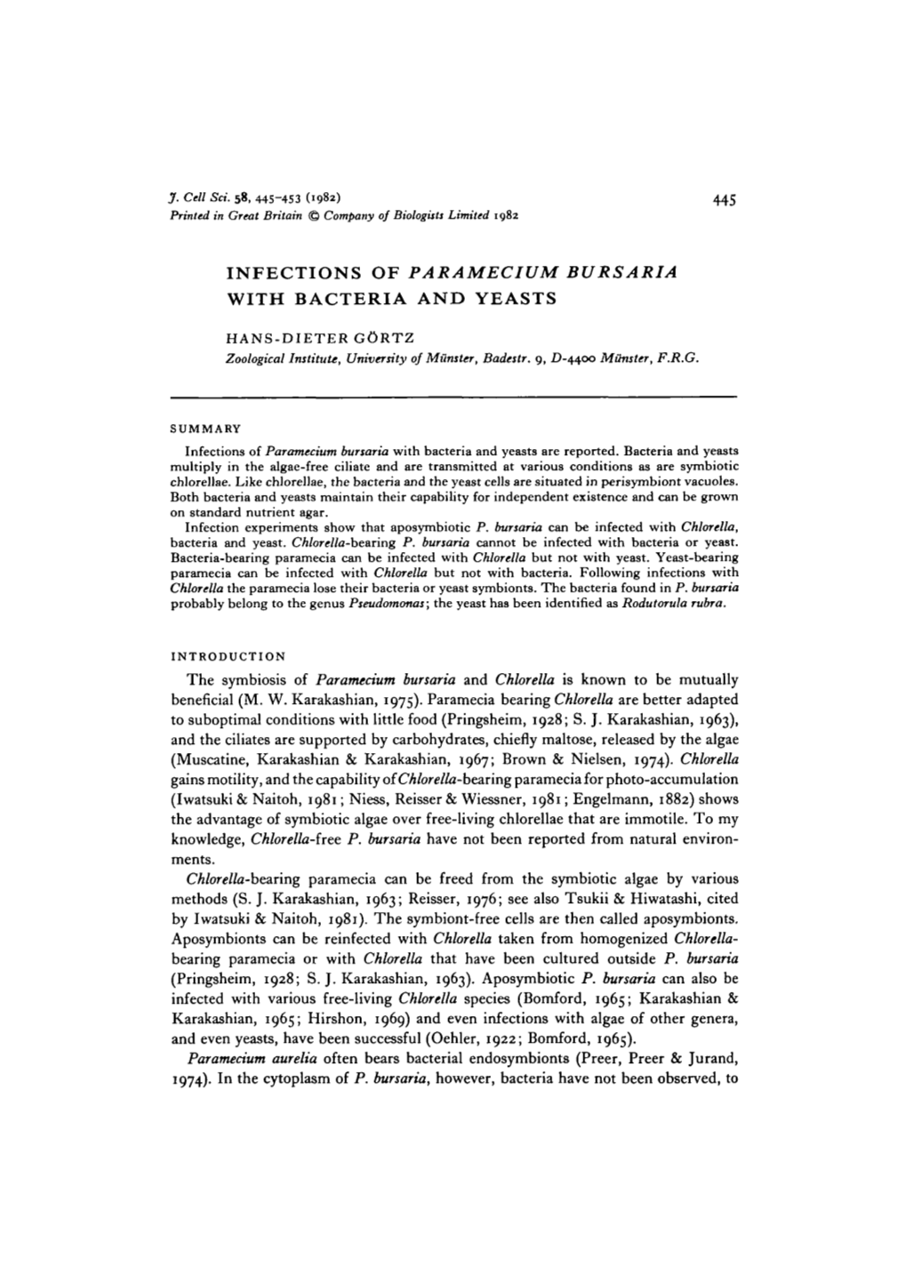 Infections of Paramecium Burs Aria with Bacteria and Yeasts