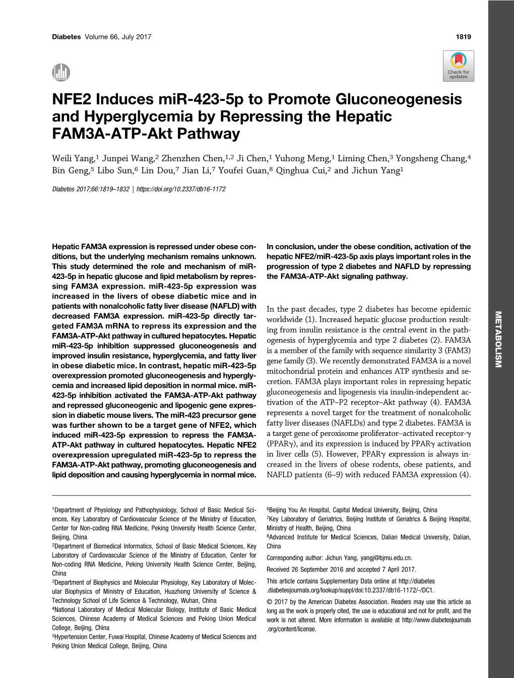 NFE2 Induces Mir-423-5P to Promote Gluconeogenesis and Hyperglycemia by Repressing the Hepatic FAM3A-ATP-Akt Pathway