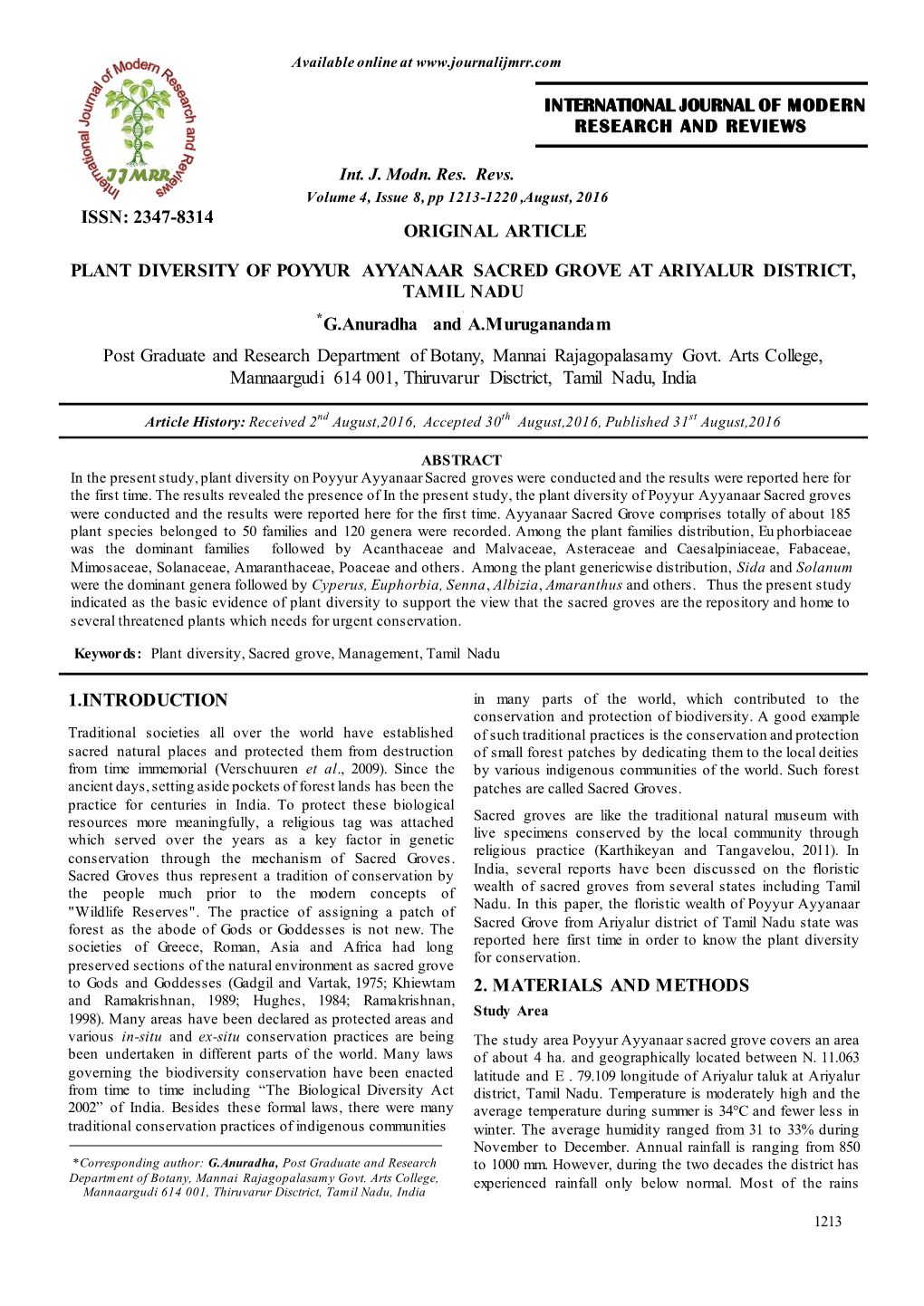 ORIGINAL ARTICLE PLANT DIVERSITY of POYYUR AYYANAAR SACRED GROVE at ARIYALUR DISTRICT, TAMIL NADU G.Anuradha and A.Muruganand