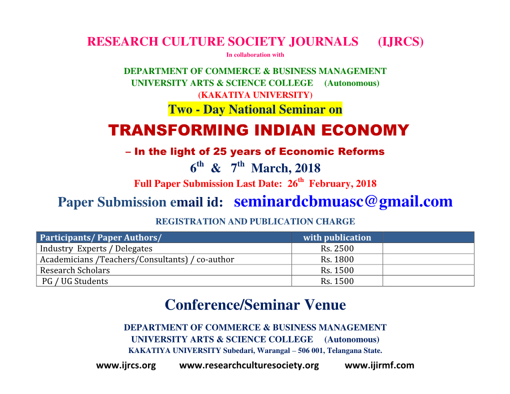 Paper Submission Email Id: Seminardcbmuasc@Gmail.Com