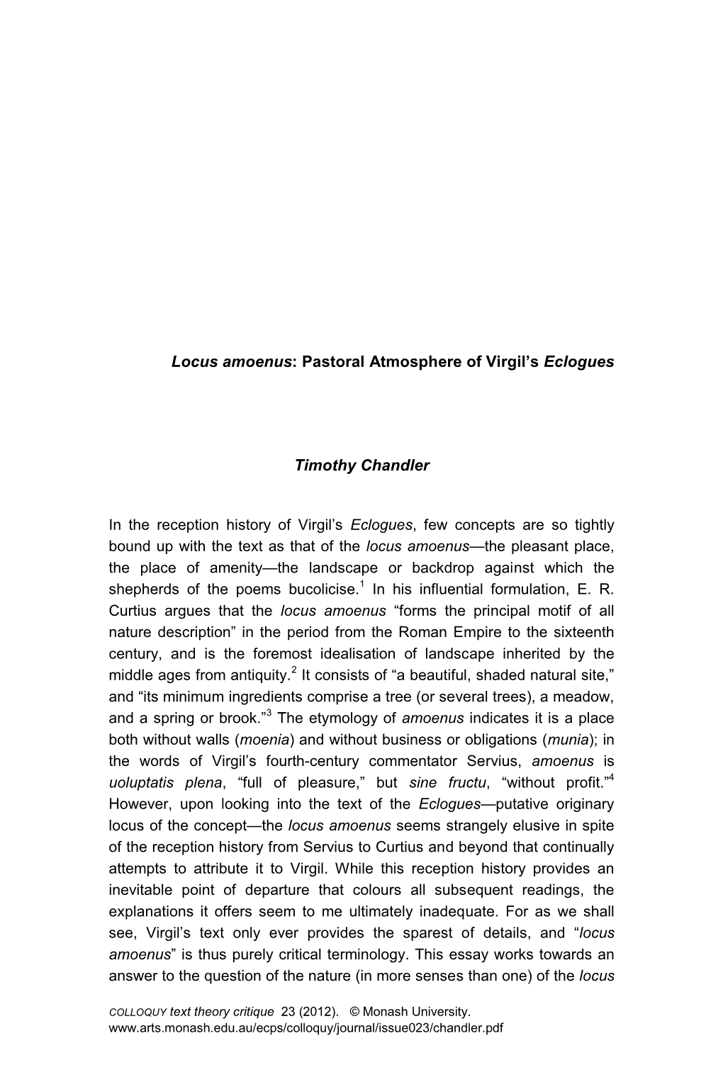 Locus Amoenus: Pastoral Atmosphere of Virgil's Eclogues Timothy