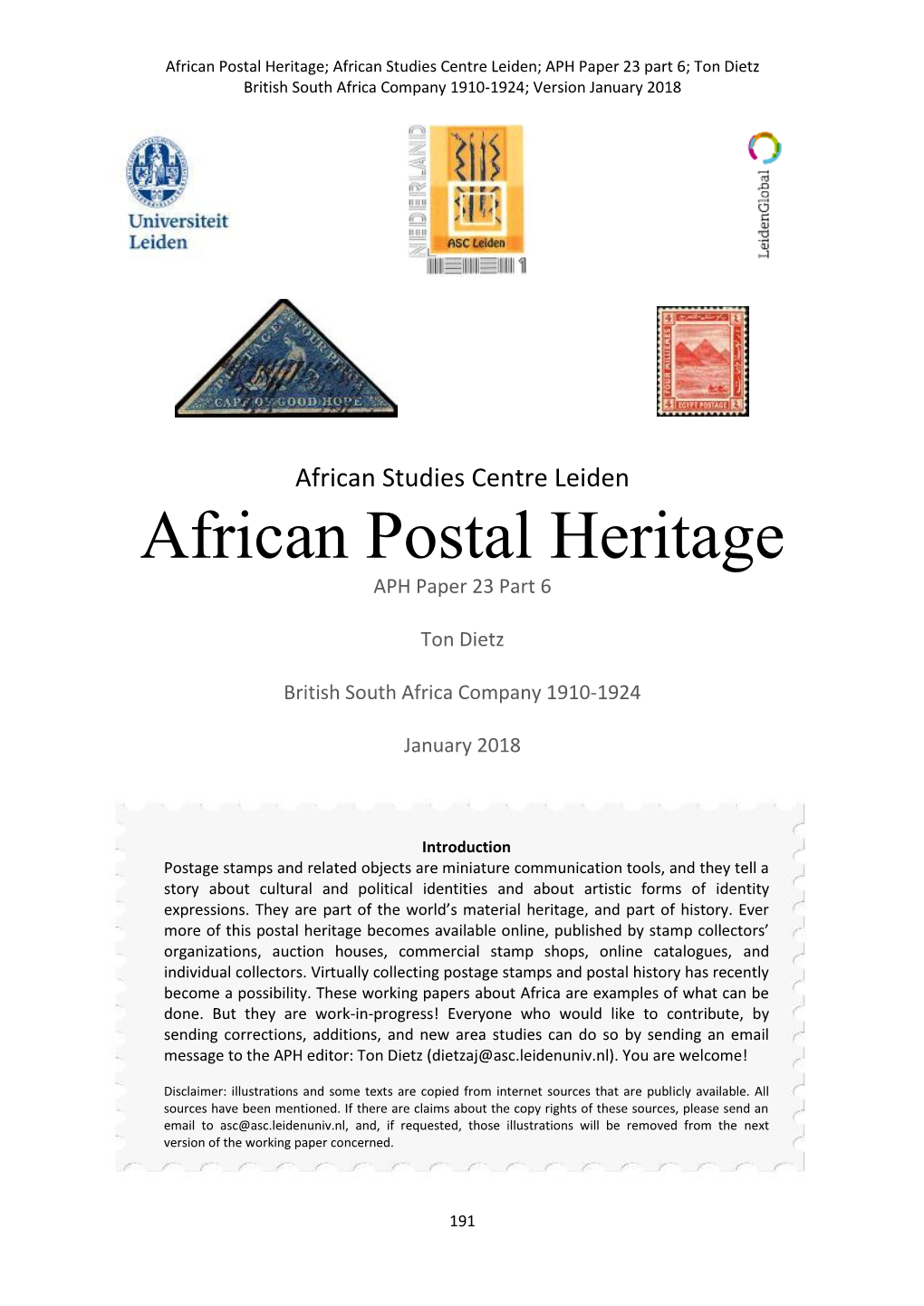 African Postal Heritage; African Studies Centre Leiden; APH Paper 23 Part 6; Ton Dietz British South Africa Company 1910-1924; Version January 2018