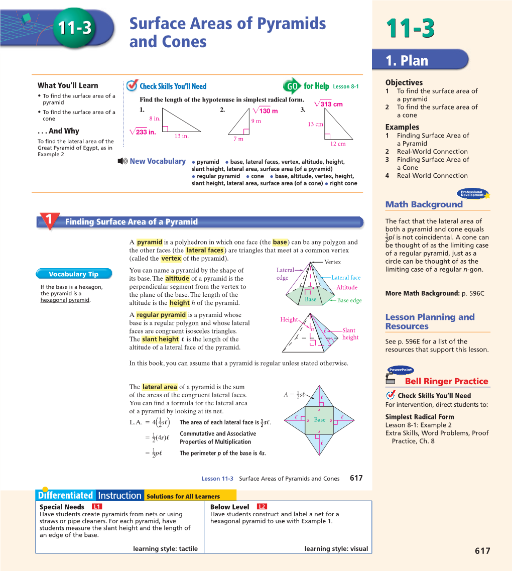 Surface Areas of Pyramids and Cones 617