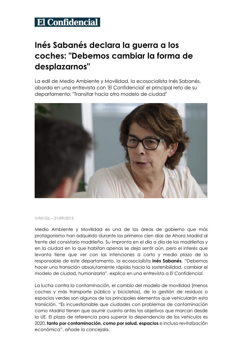 Inés Sabanés Declara La Guerra a Los Coches: "Debemos Cambiar La Forma De Desplazarnos"