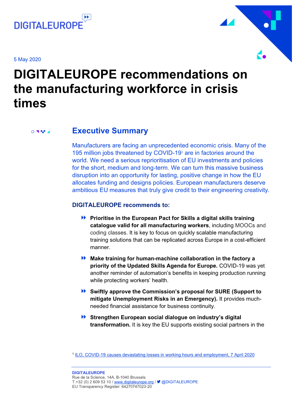 DIGITALEUROPE Recommendations on the Manufacturing Workforce in Crisis Times