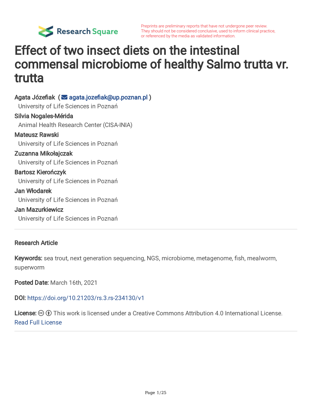 Effect of Two Insect Diets on the Intestinal Commensal Microbiome of Healthy Salmo Trutta Vr