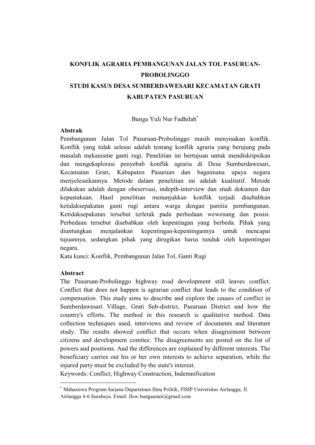 Konflik Agraria Pembangunan Jalan Tol Pasuruan- Probolinggo Studi Kasus Desa Sumberdawesari Kecamatan Grati Kabupaten Pasuruan