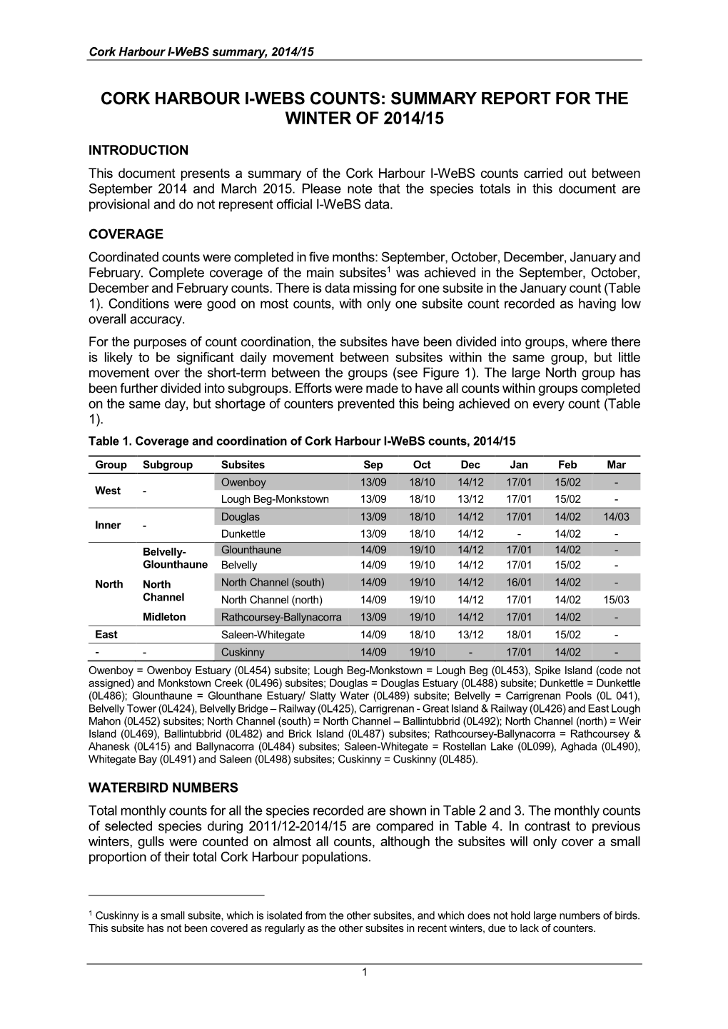 Cork Harbour I-Webs Counts: Summary Report for the Winter of 2014/15