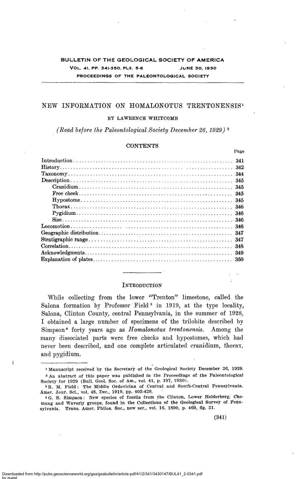 New Information on Homalonotus Trentonensis1