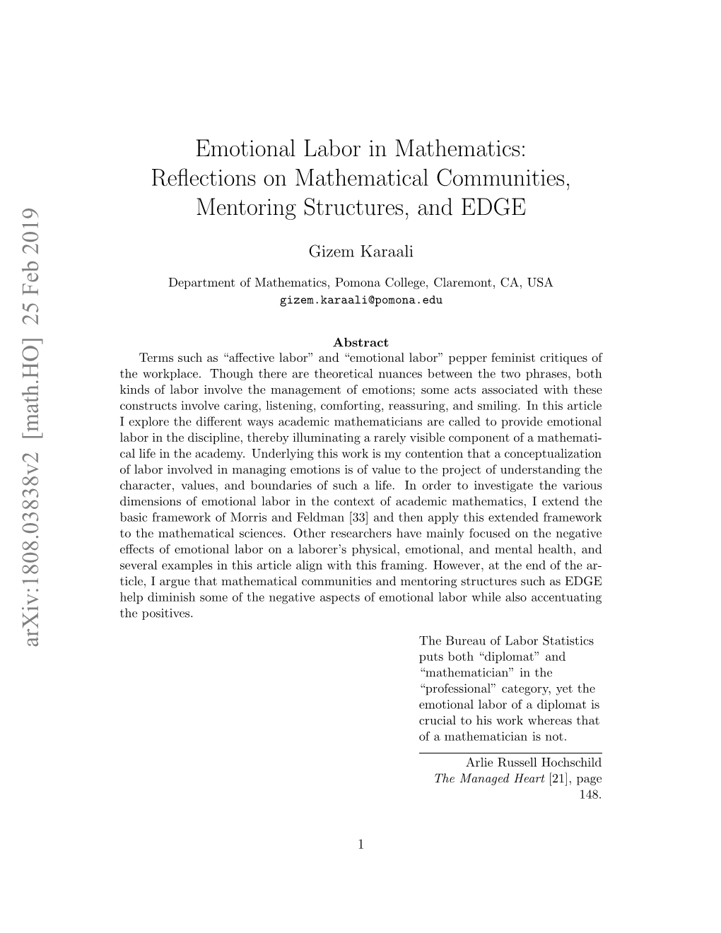 Emotional Labor in Mathematics: Reflections on Mathematical