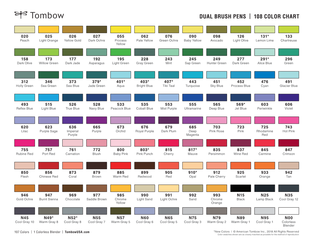 Dual Brush Pens | 108 Color Chart