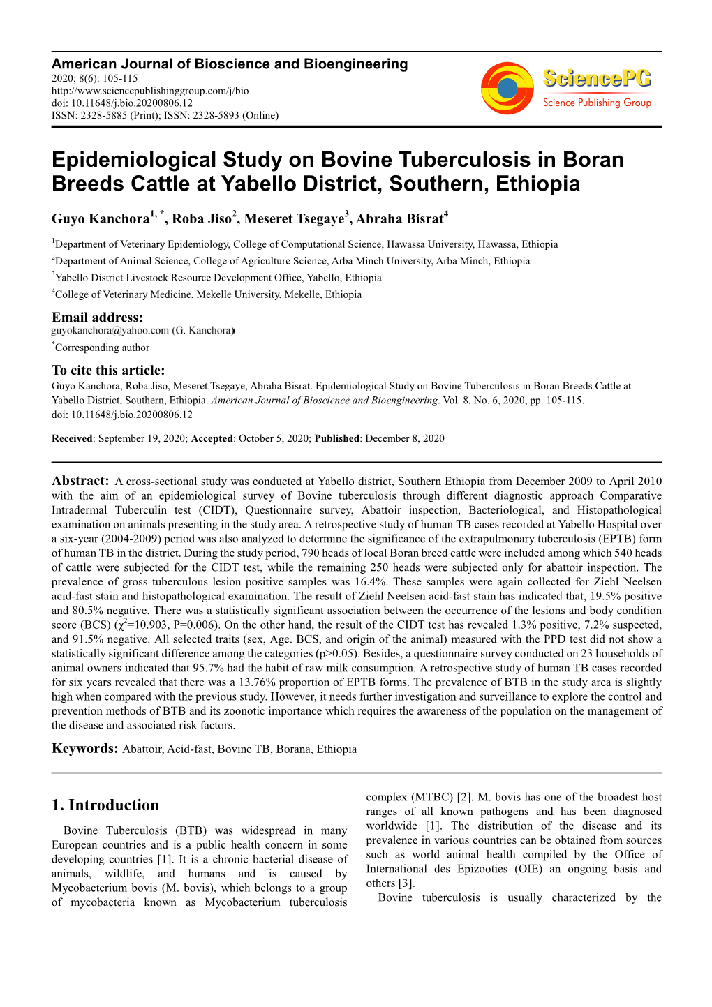 Epidemiological Study on Bovine Tuberculosis in Boran Breeds Cattle at Yabello District, Southern, Ethiopia