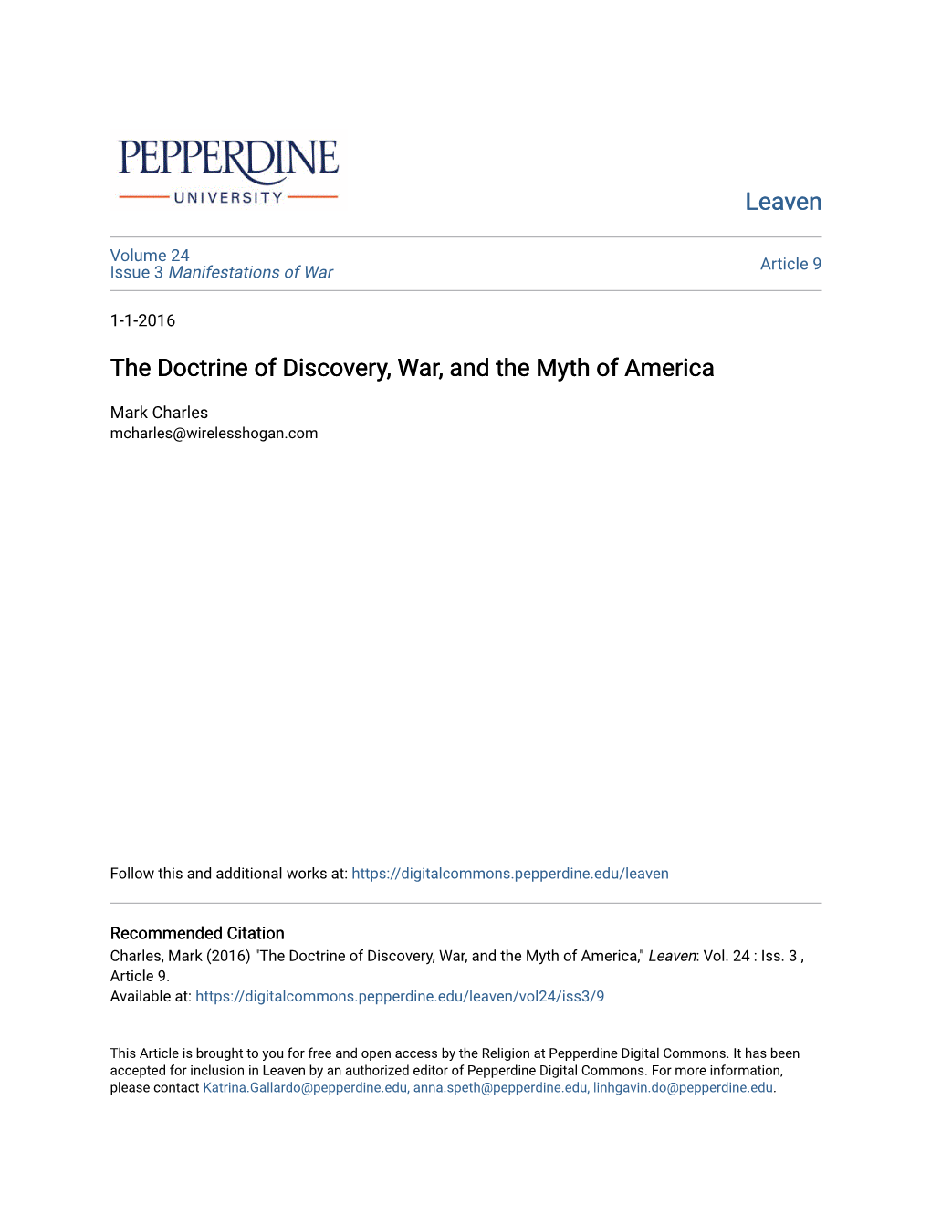 The Doctrine of Discovery, War, and the Myth of America