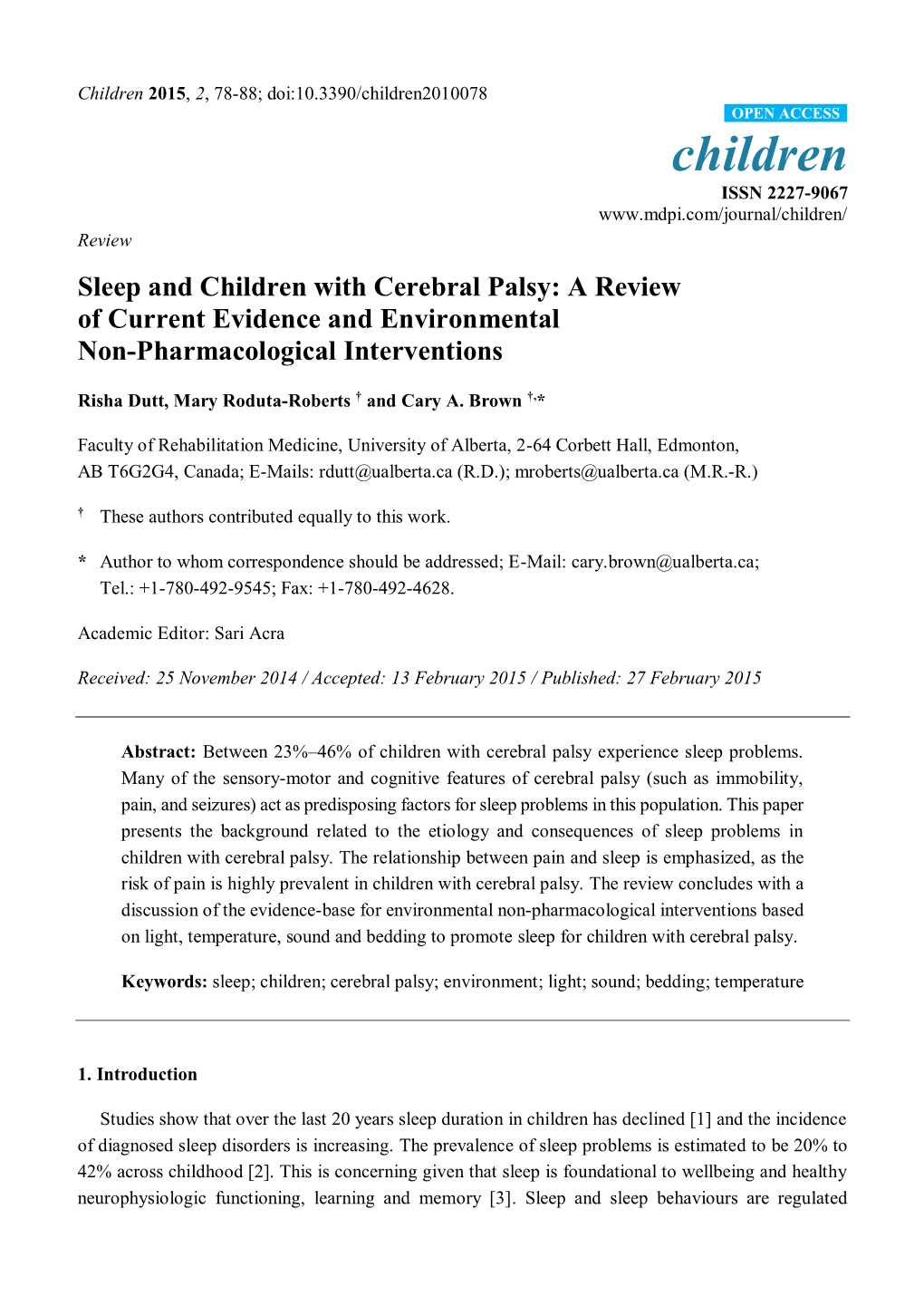 Sleep and Children with Cerebral Palsy: a Review of Current Evidence and Environmental Non-Pharmacological Interventions