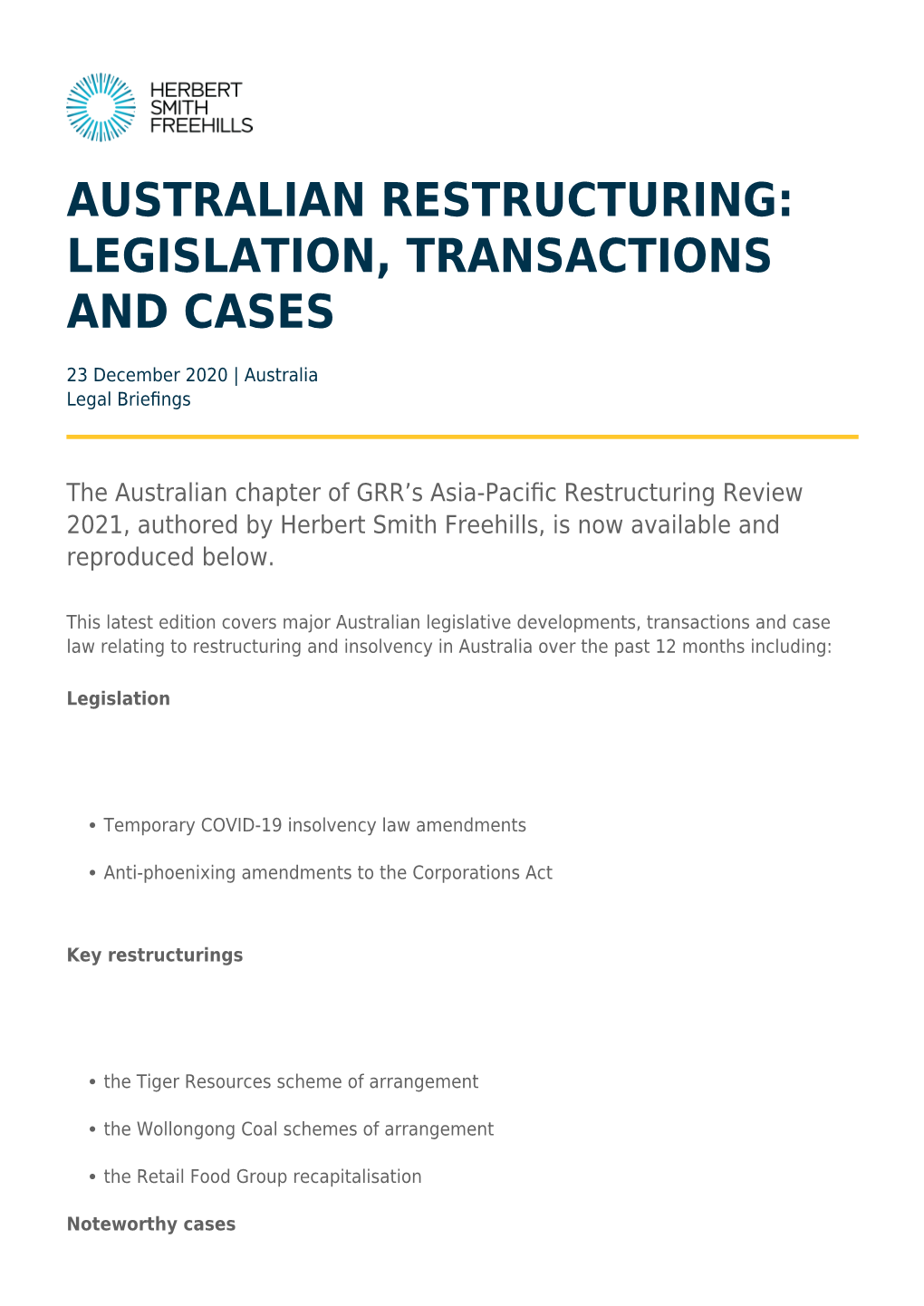 Australian Restructuring: Legislation, Transactions and Cases