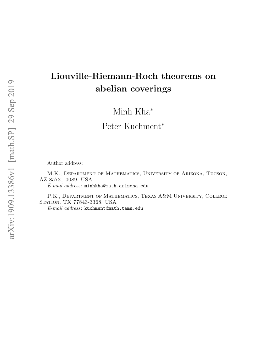 Liouville-Riemann-Roch Theorems on Abelian Coverings Minh Kha