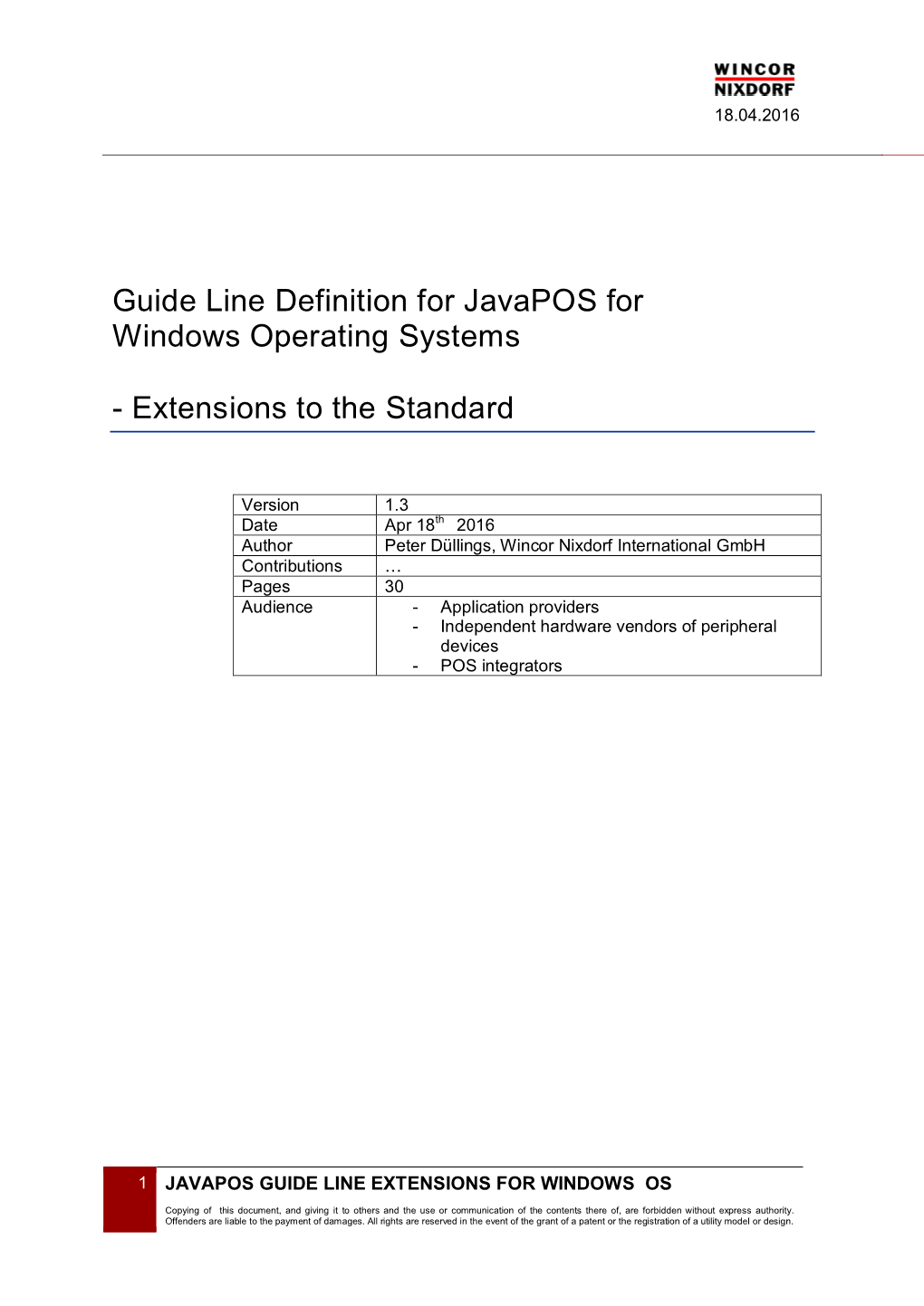 Guide Line Definition for Javapos for Windows Operating Systems