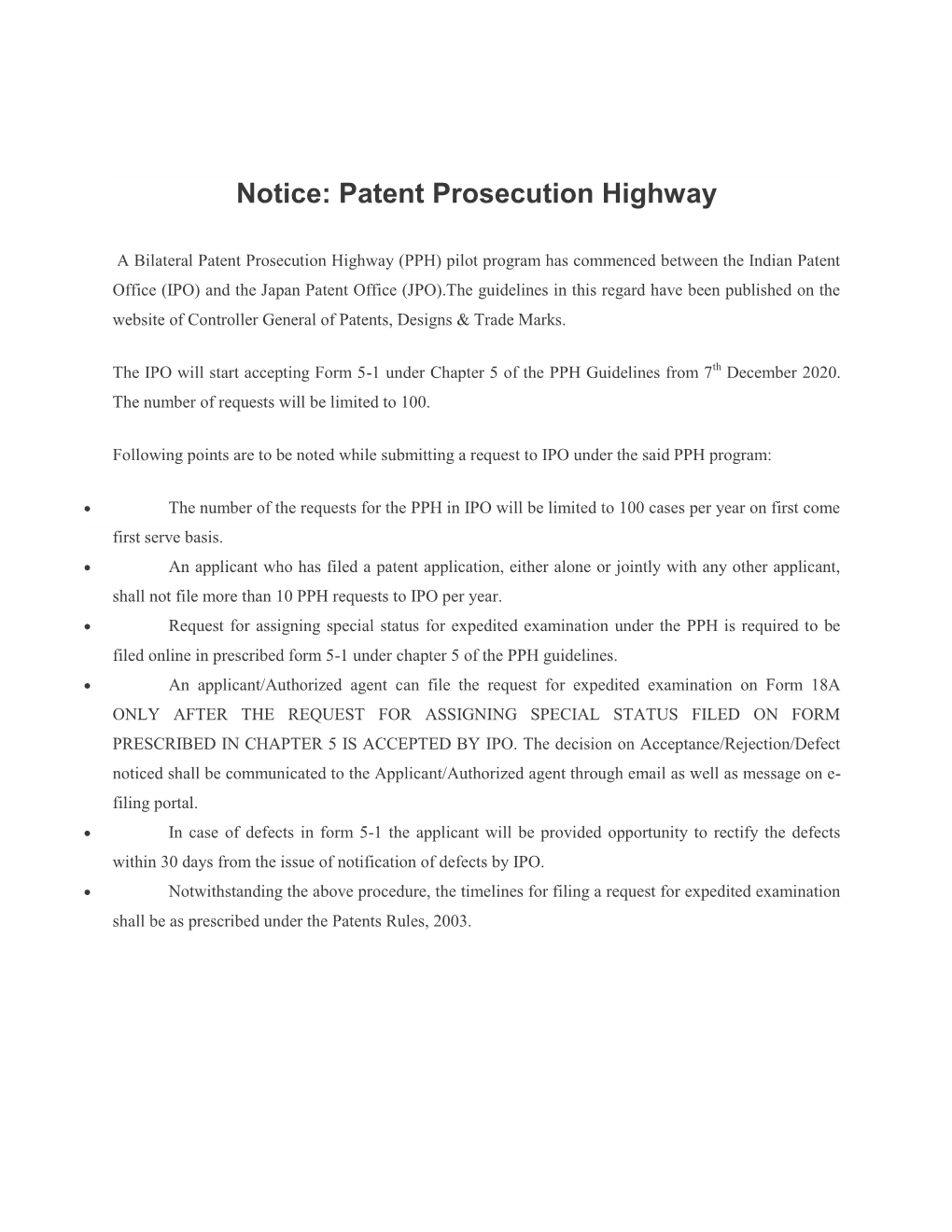 Notice: Patent Prosecution Highway