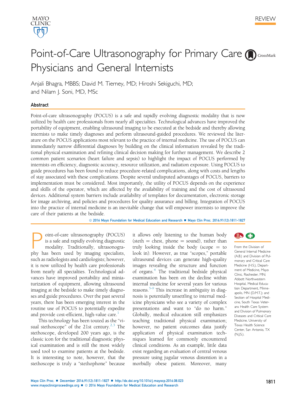 Point-Of-Care Ultrasonography for Primary Care Physicians and General Internists